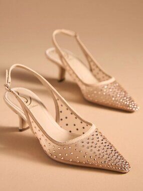 Like New Sam Edelman Bianka Rhinestone Mesh Slingback Heels Tan Size 8.5